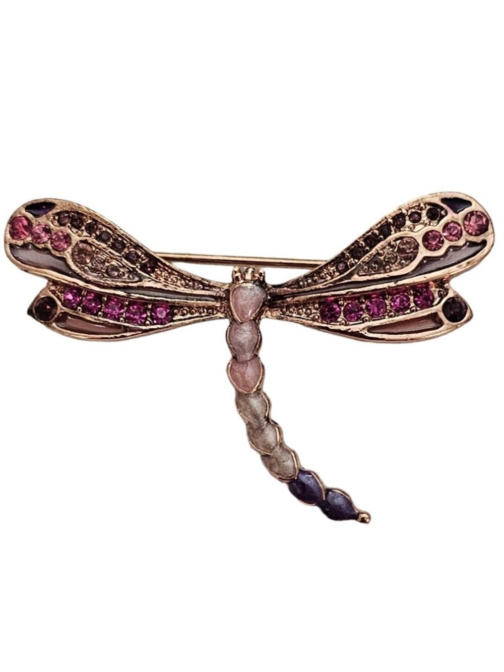 Liz Claiborne Pink Purple Rhinestone Dragonfly Brooch Pin, Signed L309
